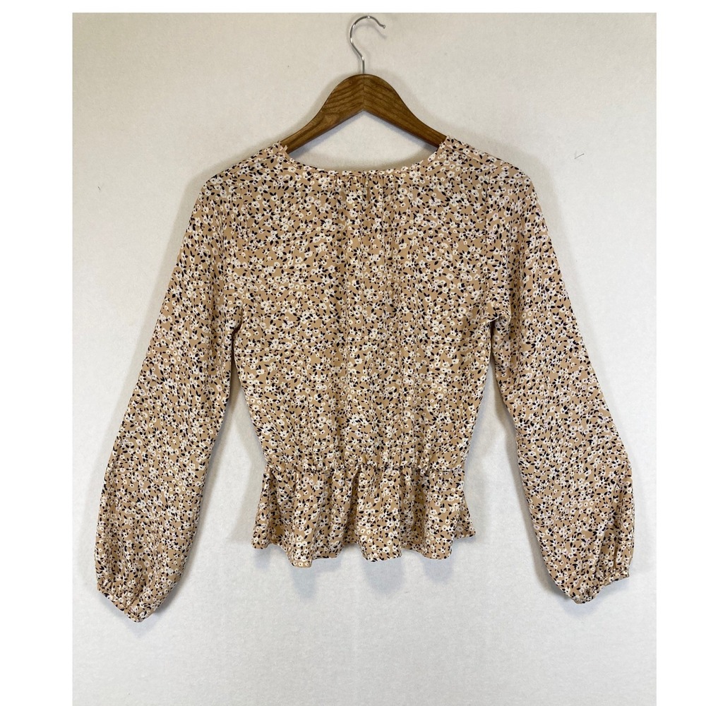 Cottagecore Sienna Sky Women Sm Tan Floral Peplum V-Neck Balloon Sleeve Blouse - Picture 2 of 10